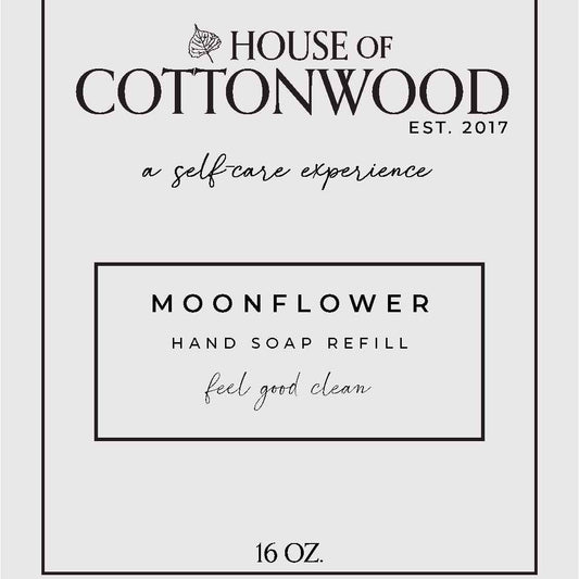 House of Cottonwood hand soap refill packaging with moonflower scent on a white background
