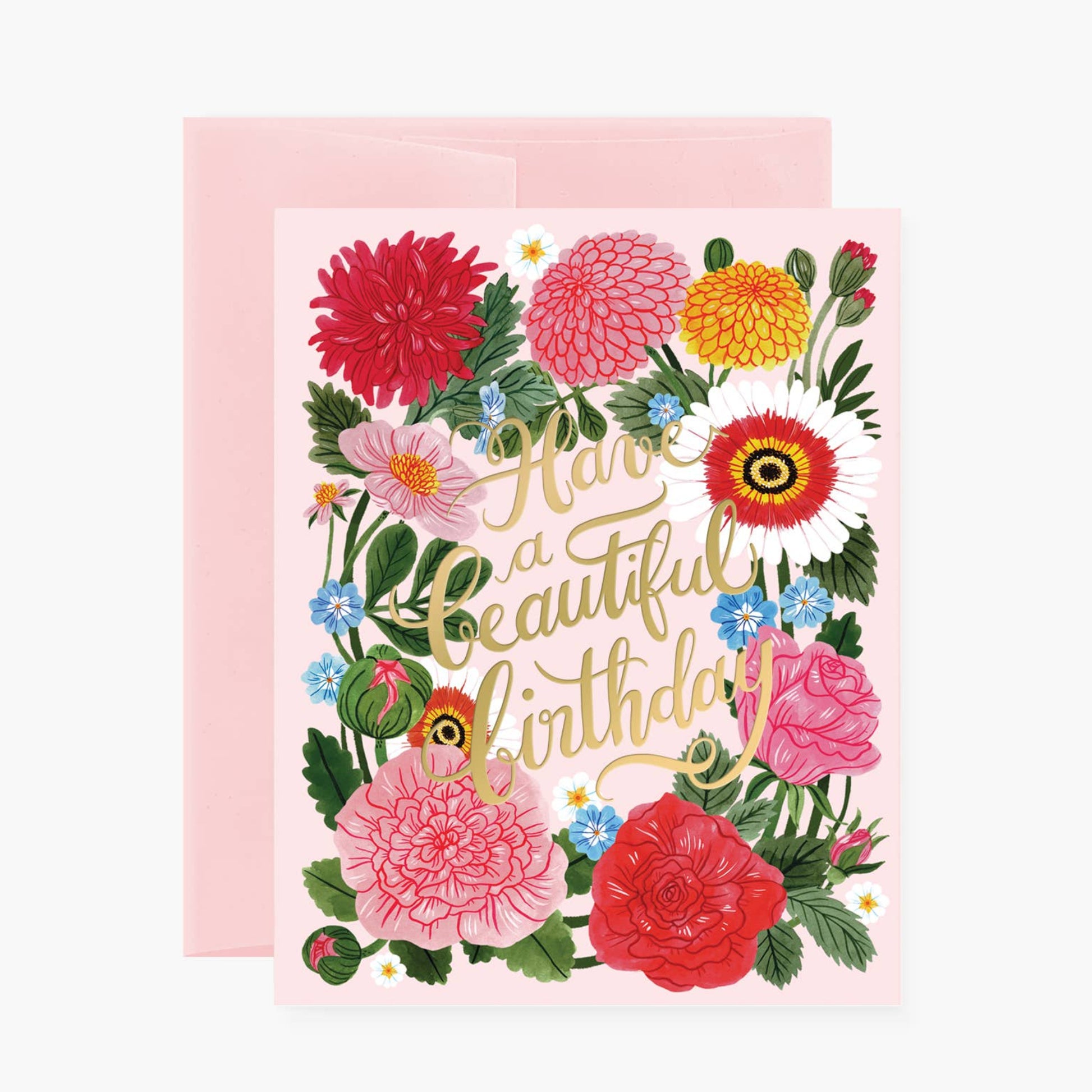 Greeting card with floral design and 'Have a beautiful birthday' text on a pink background