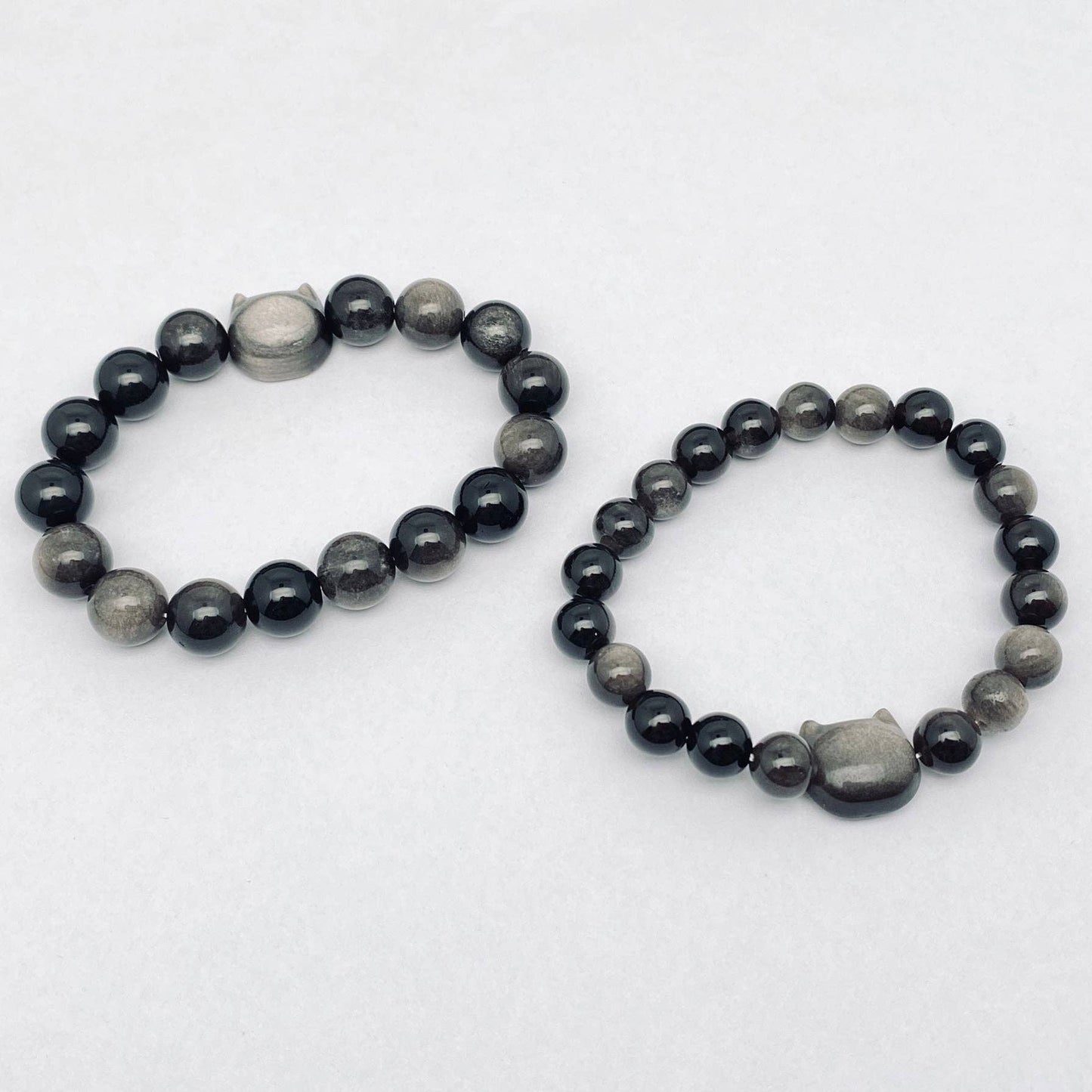 Obsidian Beaded Bracelet w/ Cat Head