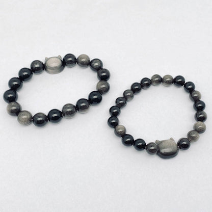 Obsidian Beaded Bracelet w/ Cat Head