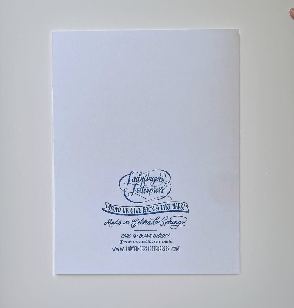 Light blue card with black text and Ladyfingers Letterpress branding
