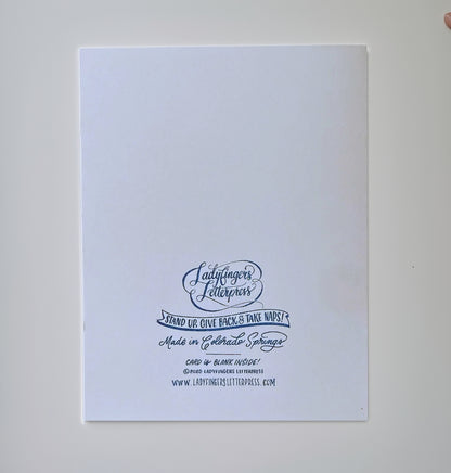 Light blue card with black text and Ladyfingers Letterpress branding