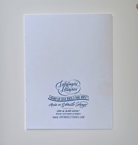 Light blue card with black text and Ladyfingers Letterpress branding