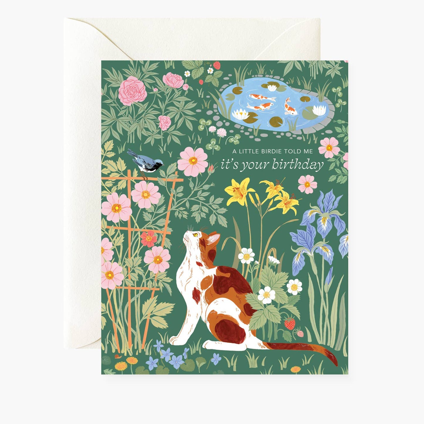 Greeting card with a dog and nature illustration on a green background
