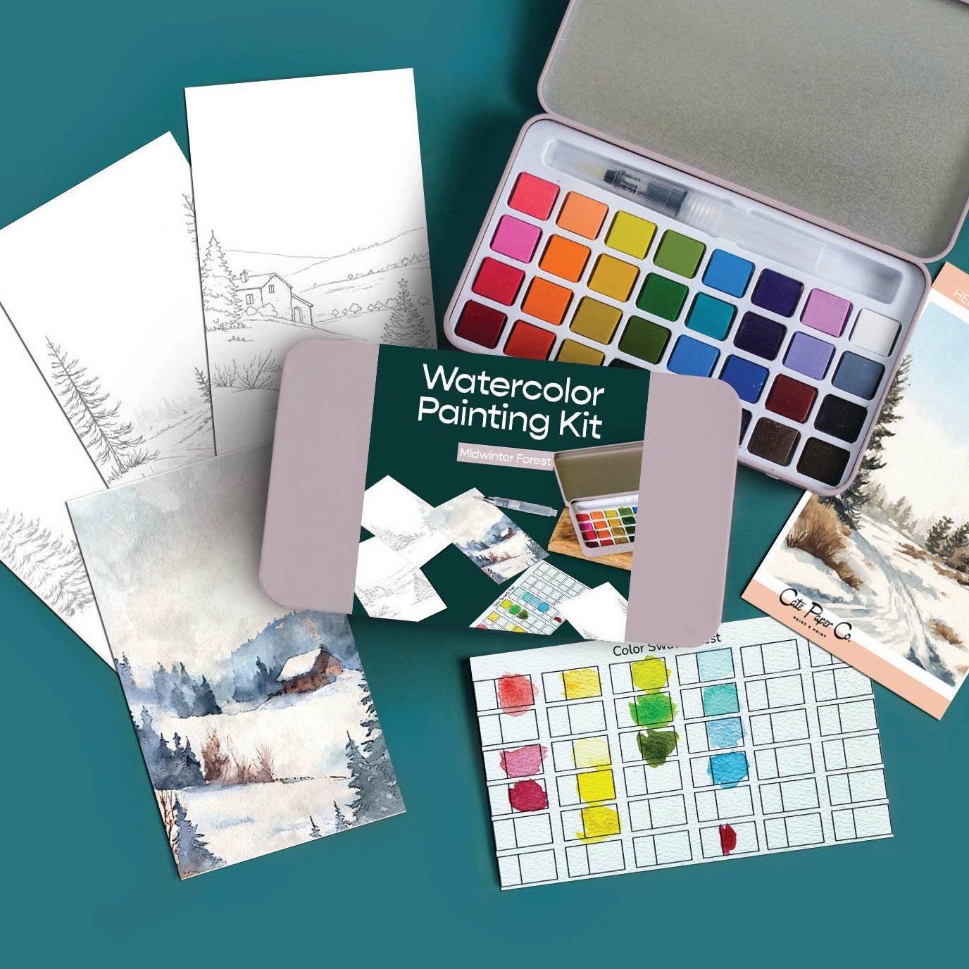 A watercolor painting kit arranged on a teal background, including an open metal tin of multicolor paint pans, a closed lavender case labeled 'Watercolor Painting Kit,' sample painted cards, sketch papers, and a color grid sheet.
