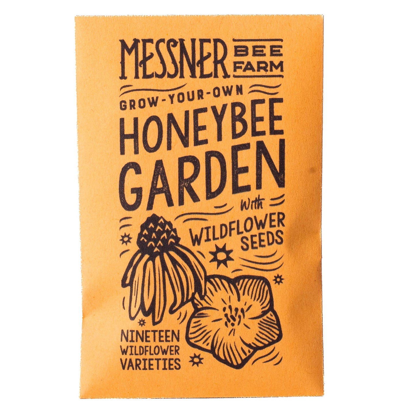 Seeds packet for a honeybee garden with wildflower seeds from Messner Bee Farm on an orange background.