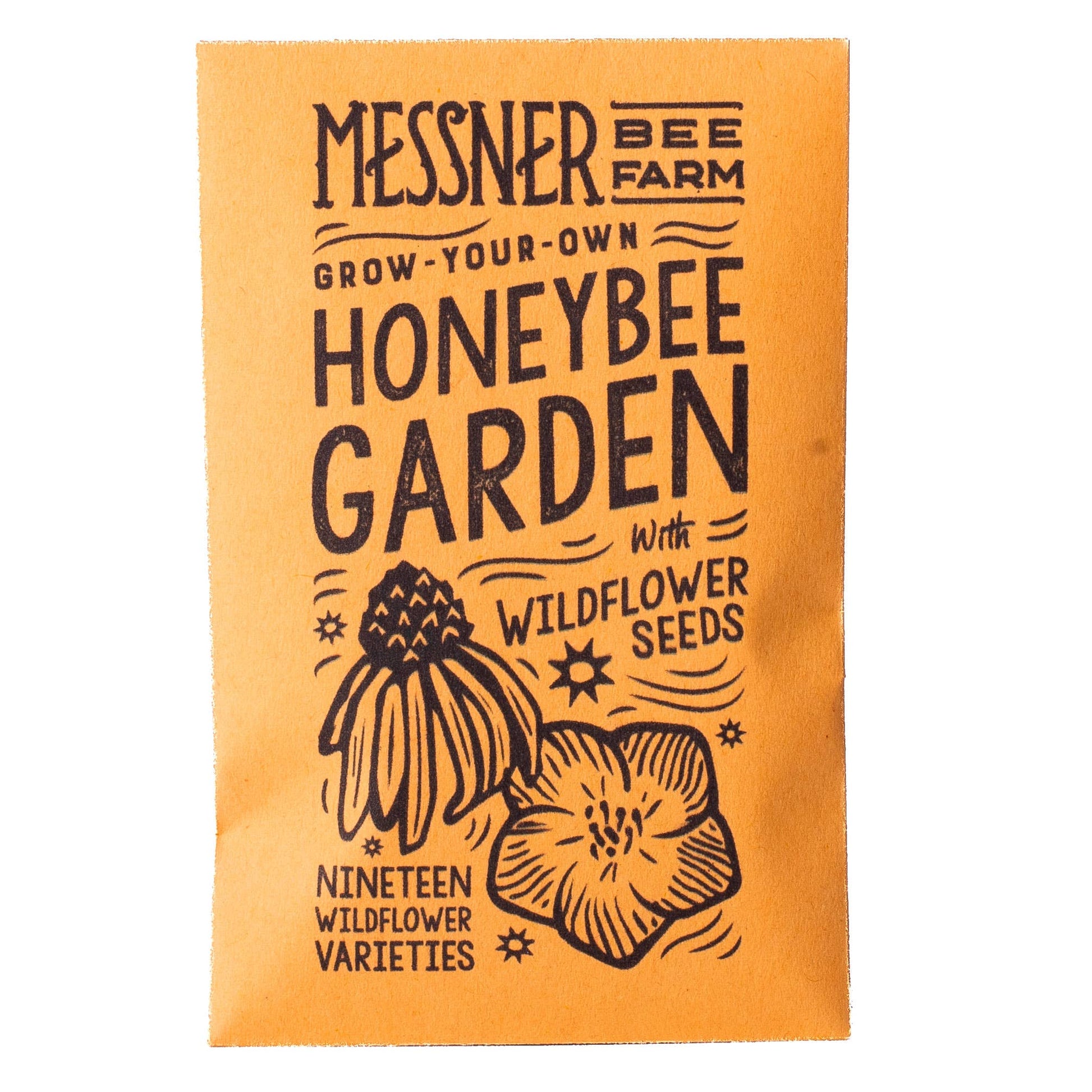 Seeds packet for a honeybee garden with wildflower seeds from Messner Bee Farm on an orange background.