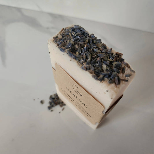 Bar of soap with lavender on a white background