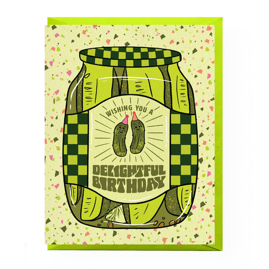 Birthday card with pickle design and text on a checkered jar