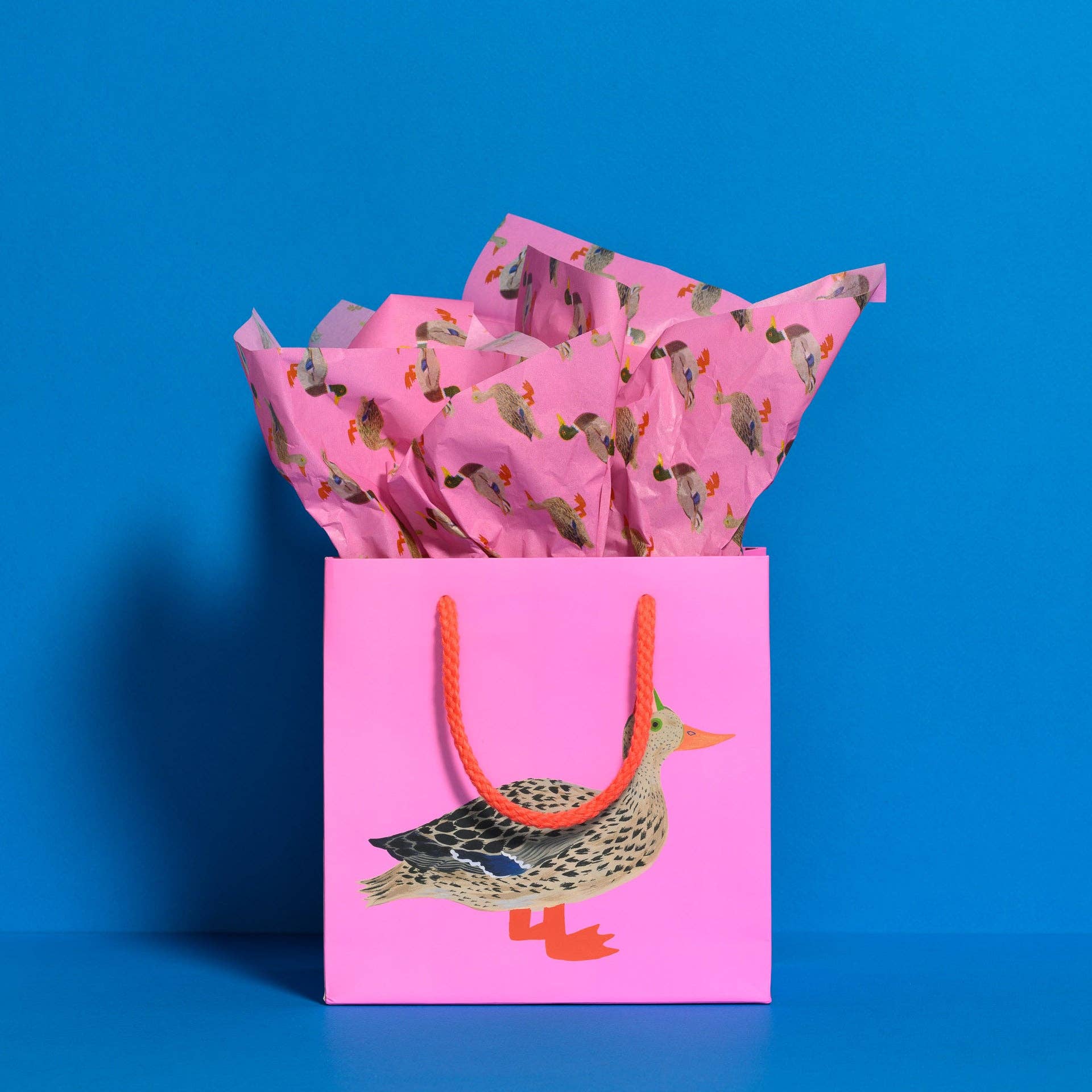 Pink gift bag with duck design and pink tissue paper on a blue background