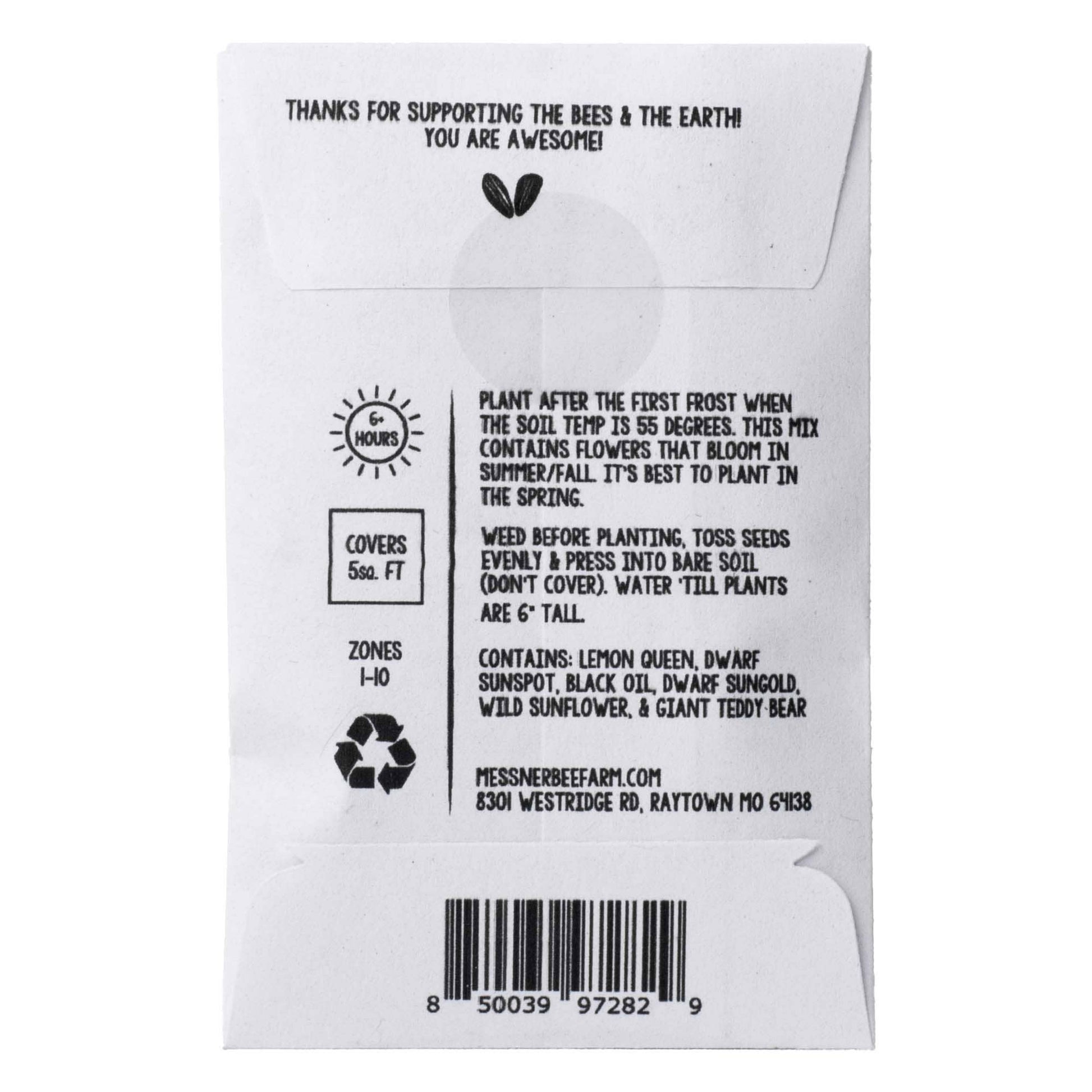 Back of a seed packet with text and a barcode on a white background