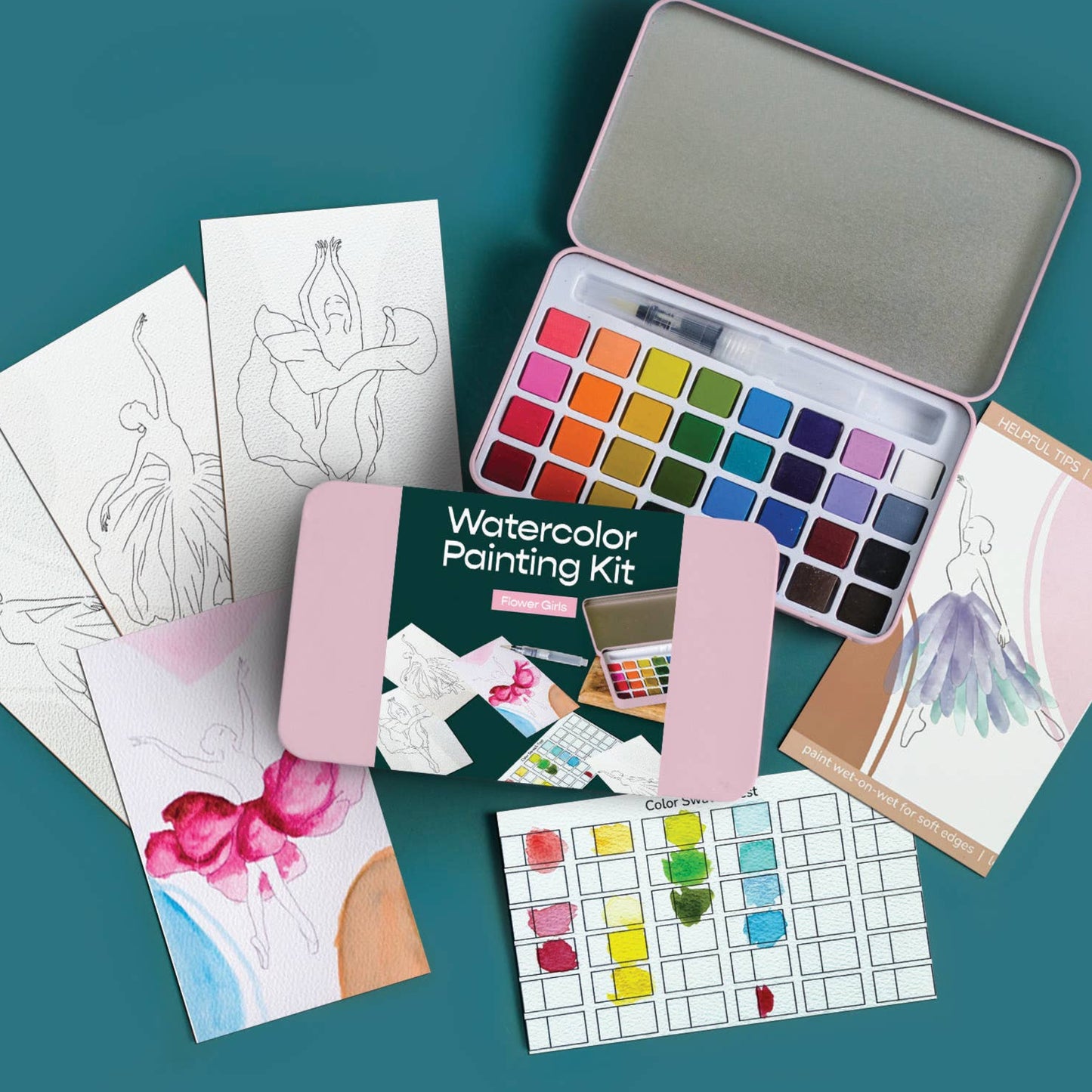 Watercolor painting kit with color swatches and drawing sheets on a teal background