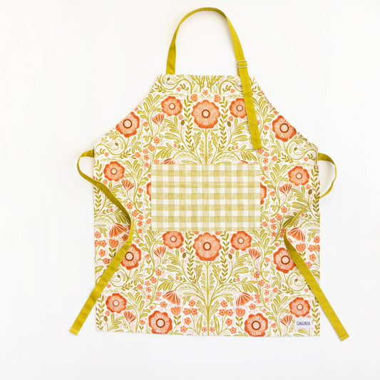 Floral apron with a checkered pattern on a white background