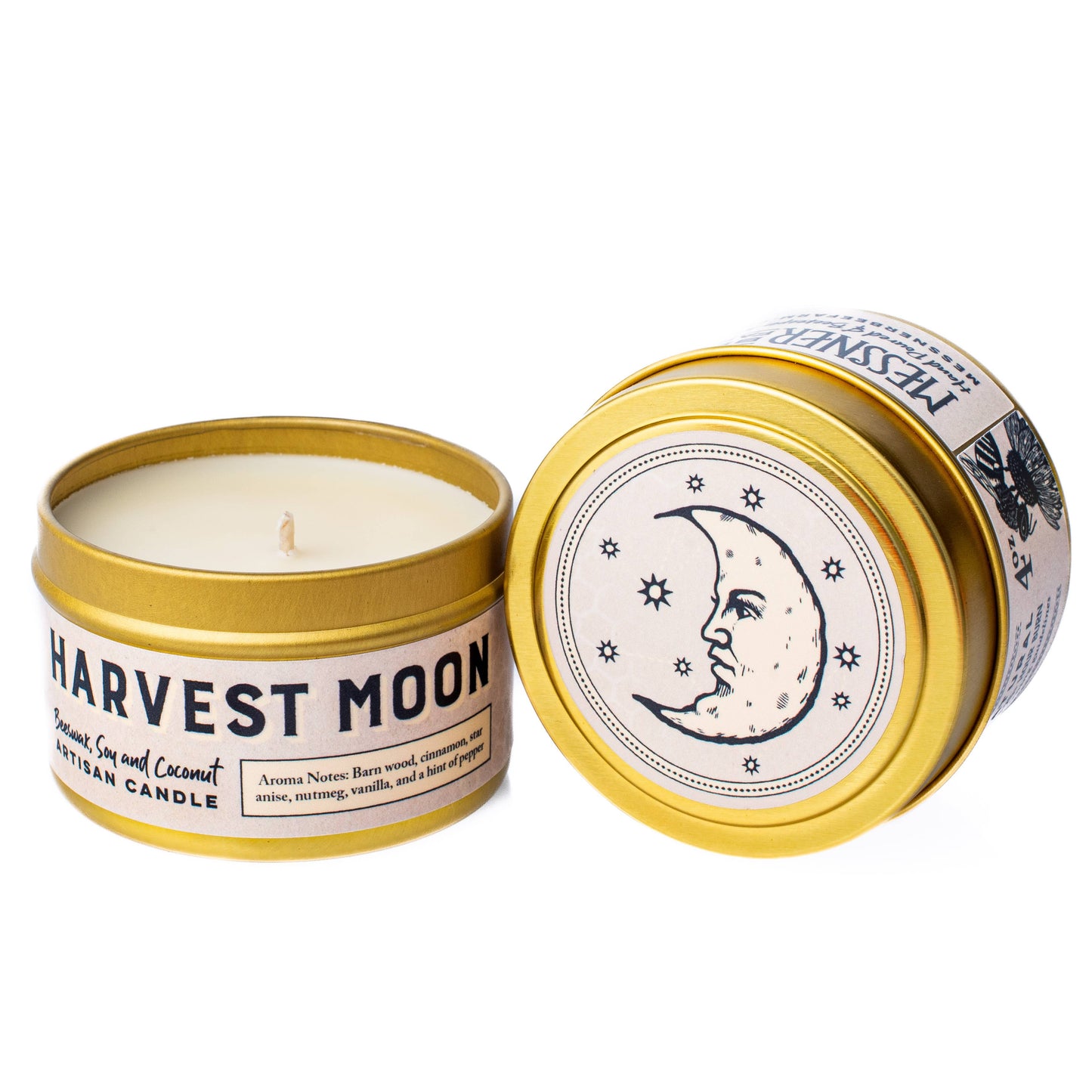 Harvest Moon candle in a tin with a moon and star design on the lid.