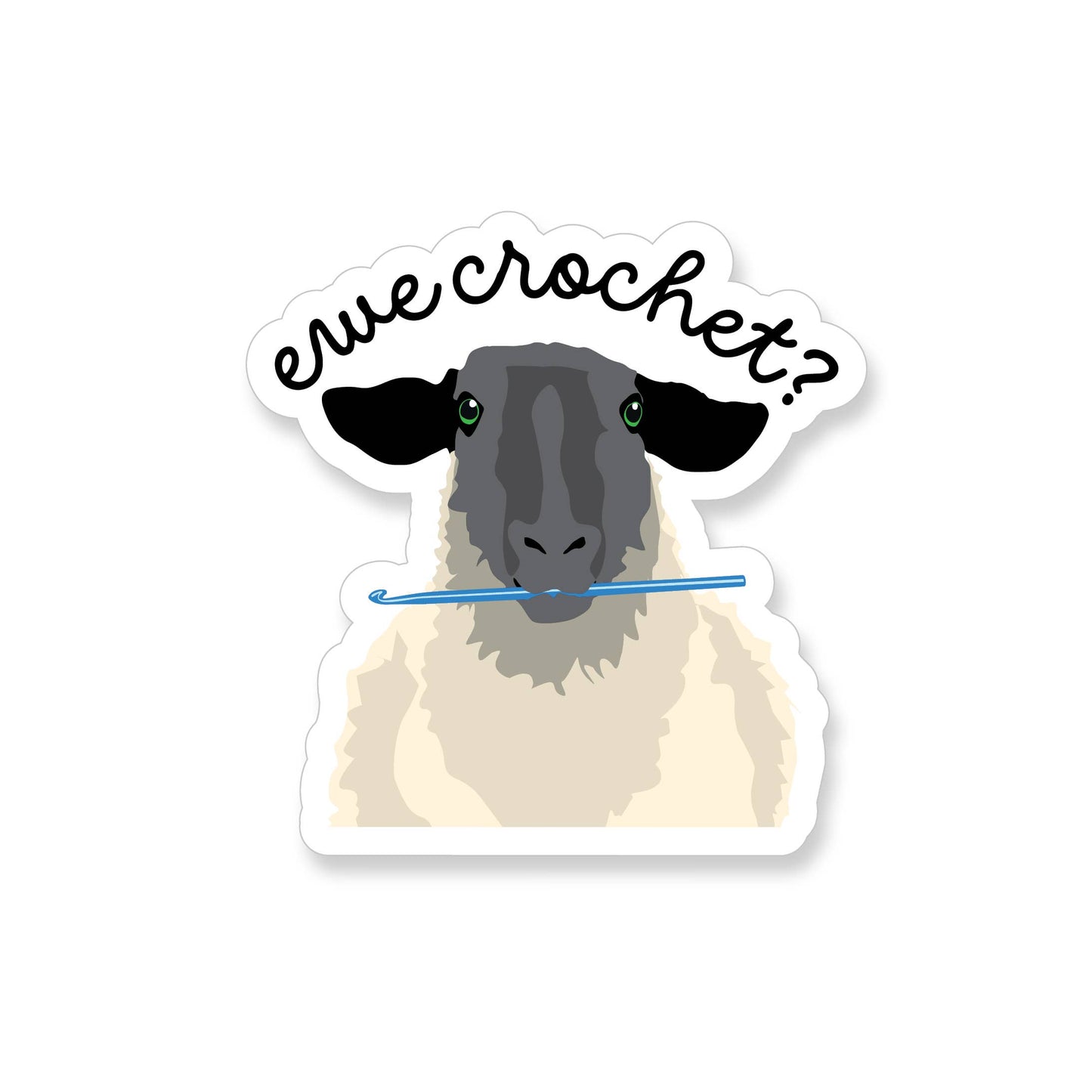 Sticker of a sheep with a crochet hook and 'owie crochet?' text on a white background