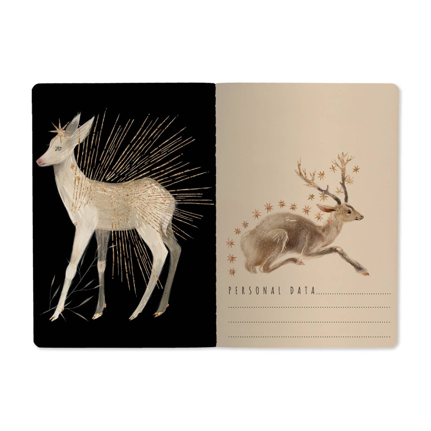 Two cards with deer illustrations on a black and beige background