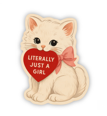 Sticker of a cat holding a heart with text on a white background
