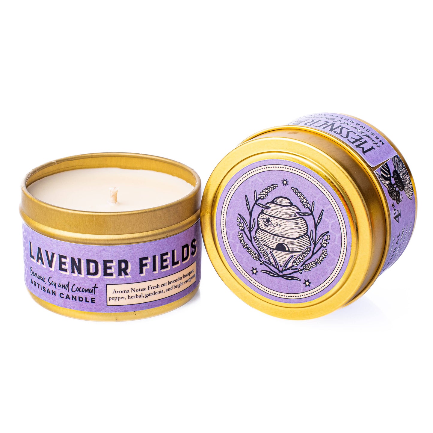 Candle in a purple and gold tin labeled 'Lavender Fields' on a white background|413
