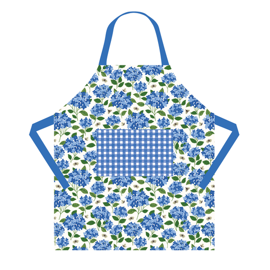 Floral apron with blue accents on a white background