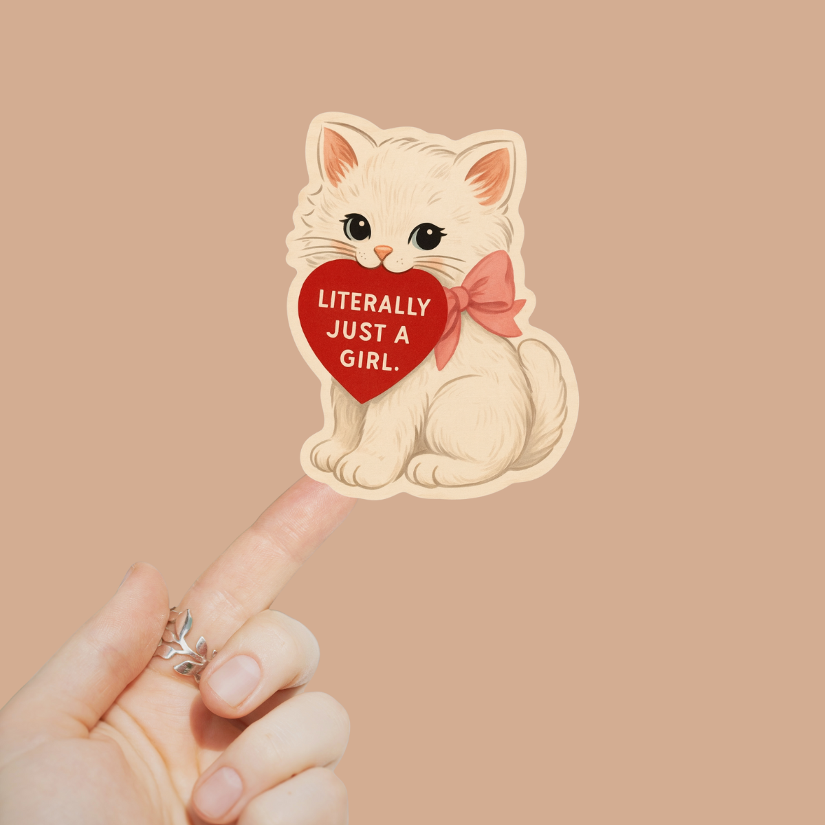 Sticker of a cat holding a heart with text on a beige background