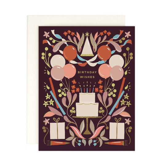 Greeting card with birthday-themed design featuring balloons, cake, and presents on a dark background.