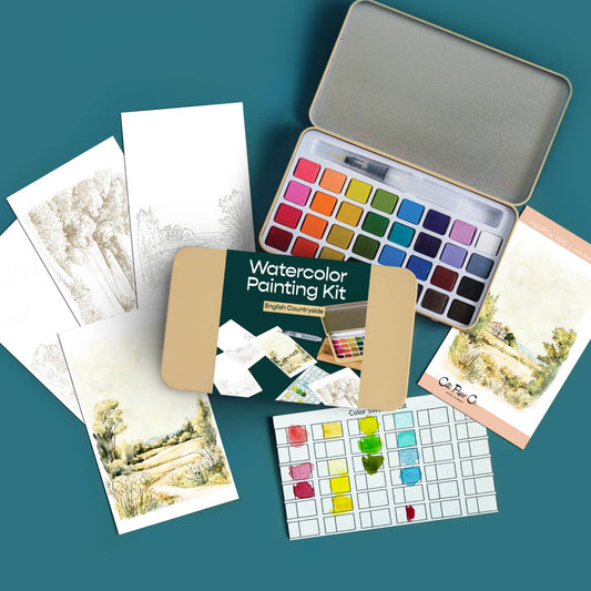Watercolor painting kit with paint swatches, paper, and instructions on a teal background