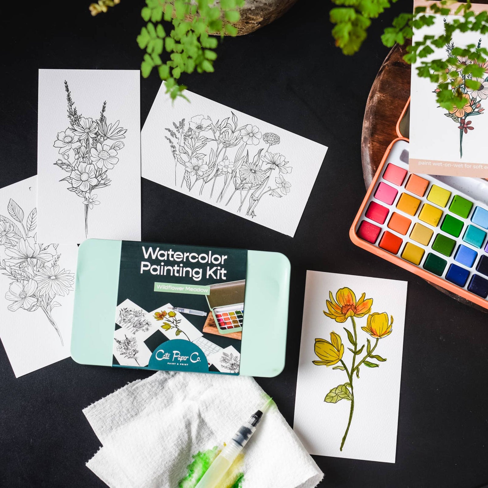 Watercolor painting kit with coloring books and watercolor pencils on a dark surface.