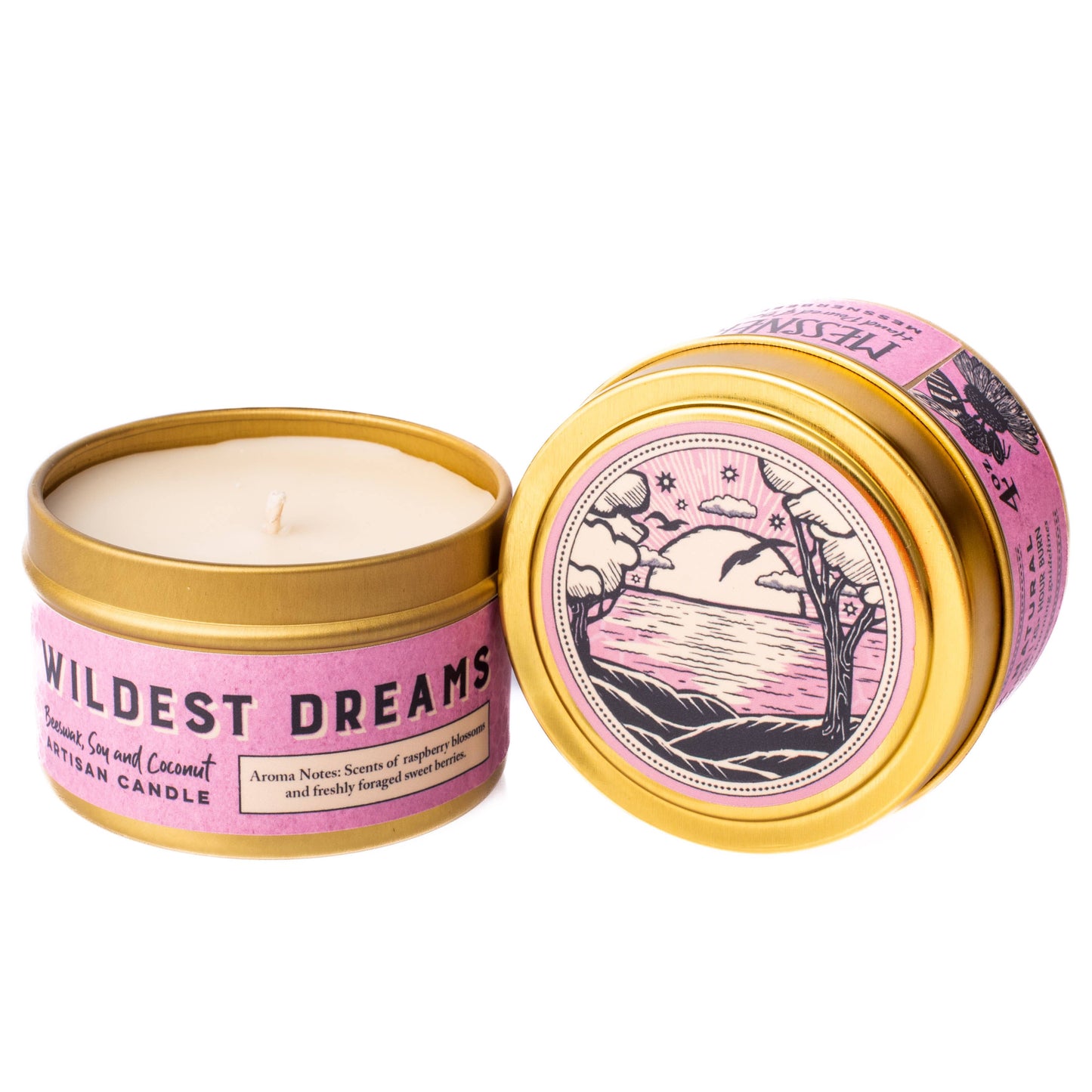 Candle in a pink tin with 'Wildest Dreams' text on a white background