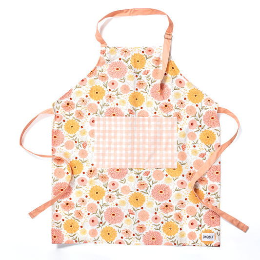 Floral apron with checkered pocket on a white background
