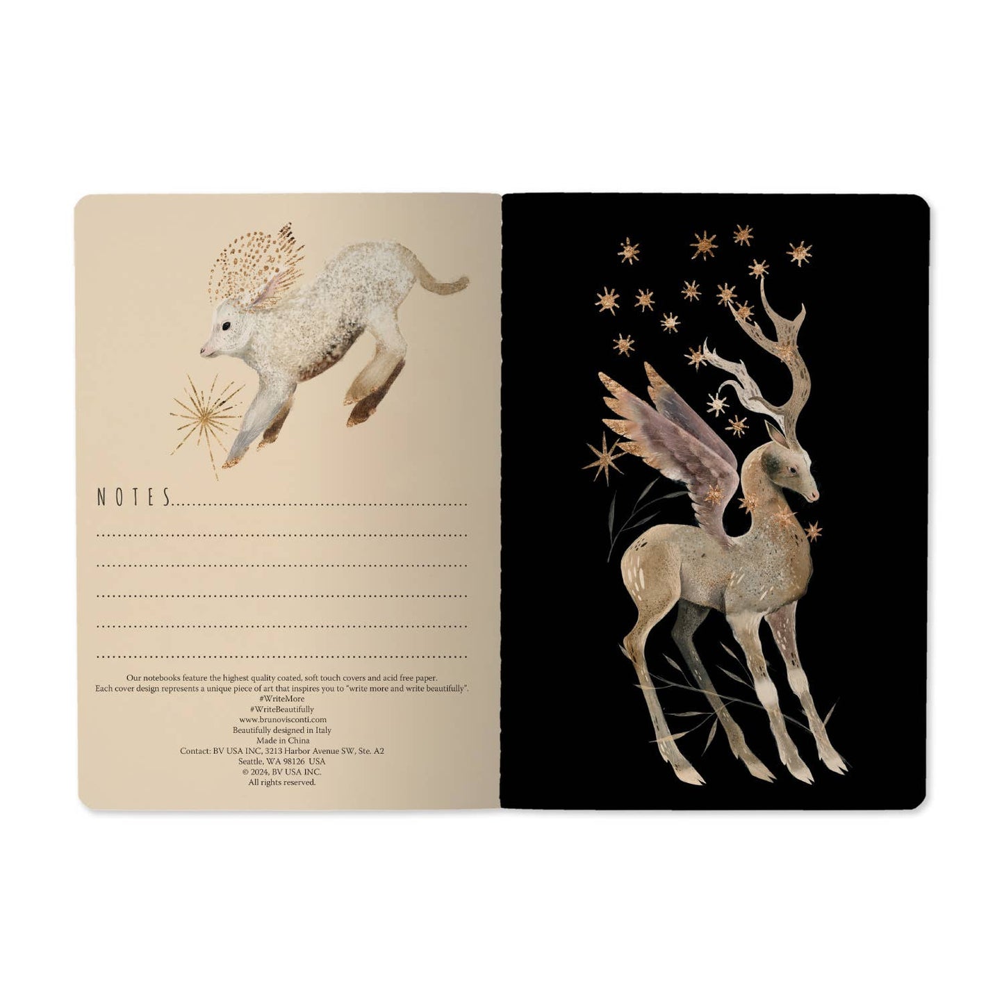 Notebook with fantasy creature illustration on beige page and black page with winged deer.