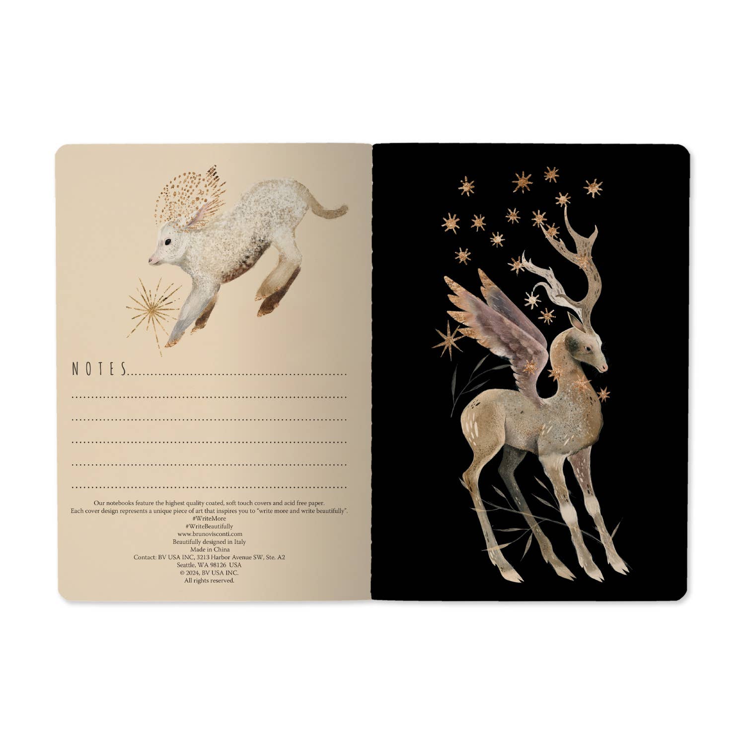 Notebook with fantasy creature illustration on beige page and black page with winged deer.