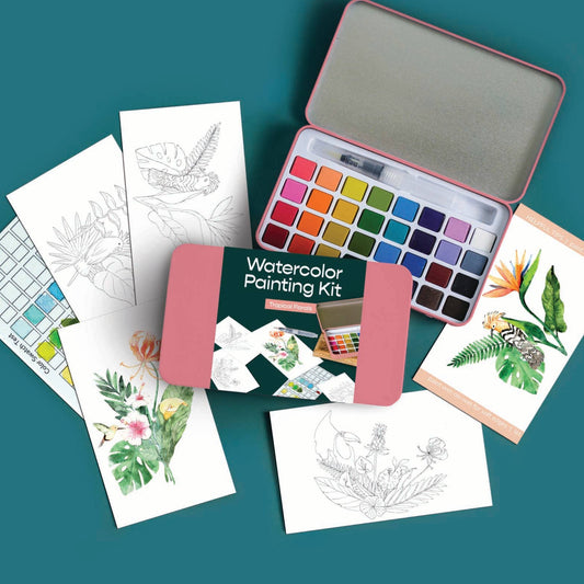 Watercolor painting kit with color swatches and sample artworks on a teal background