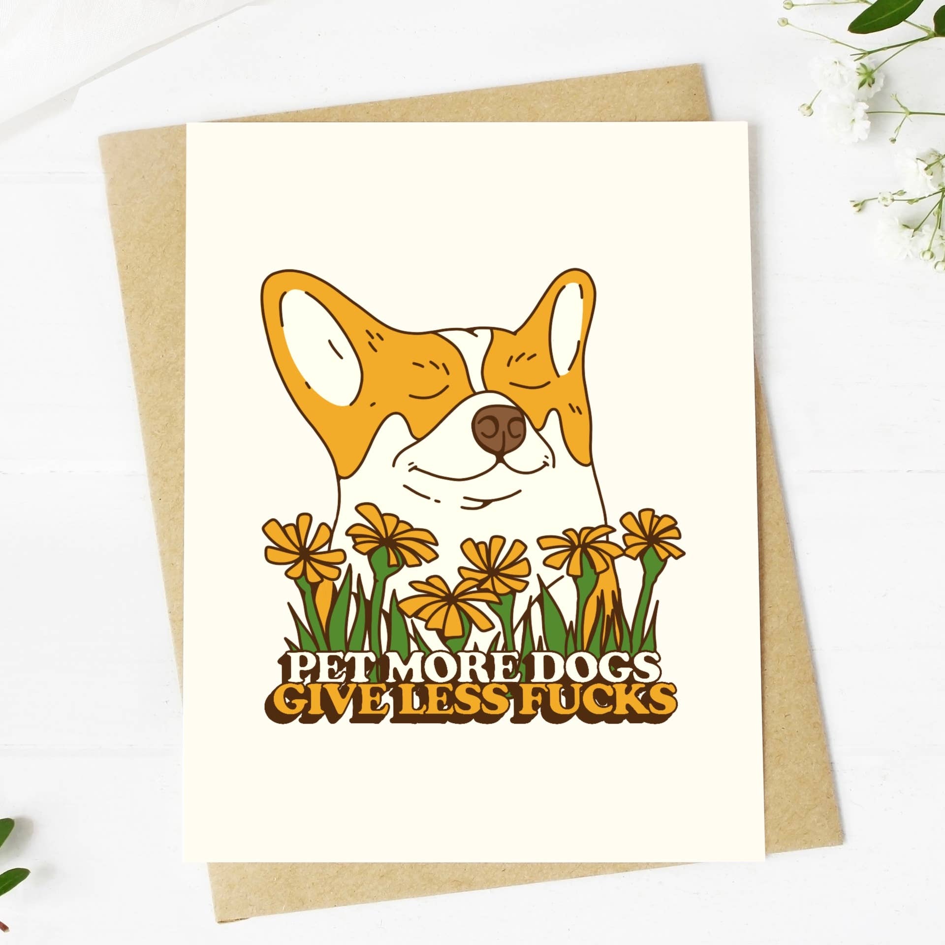 Card with a dog illustration and text on a white background