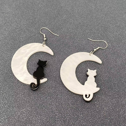 Black Cat + Crescent Moon Earrings