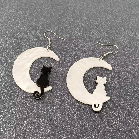 Black Cat + Crescent Moon Earrings