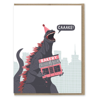 Illustration of a dinosaur holding a bakery with a cityscape background on a greeting card.