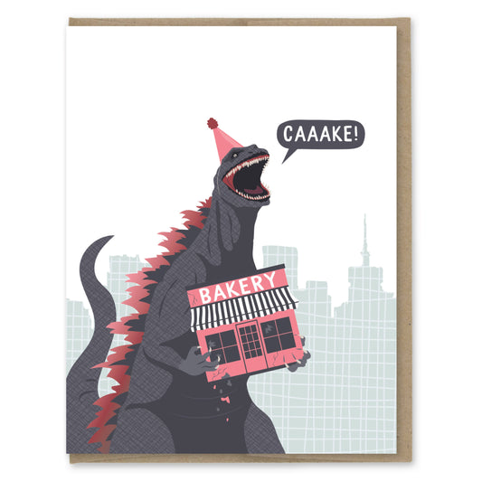 Illustration of a dinosaur holding a bakery with a cityscape background on a greeting card.