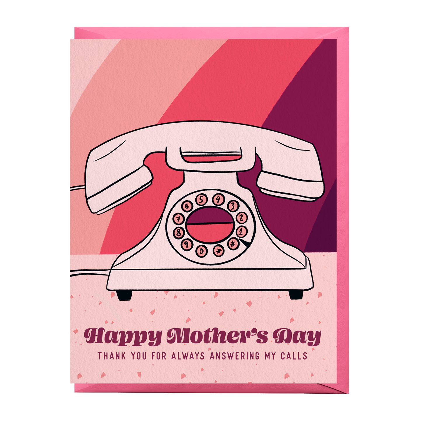 Mother's Day card with a vintage telephone illustration on a pink and purple striped background.
