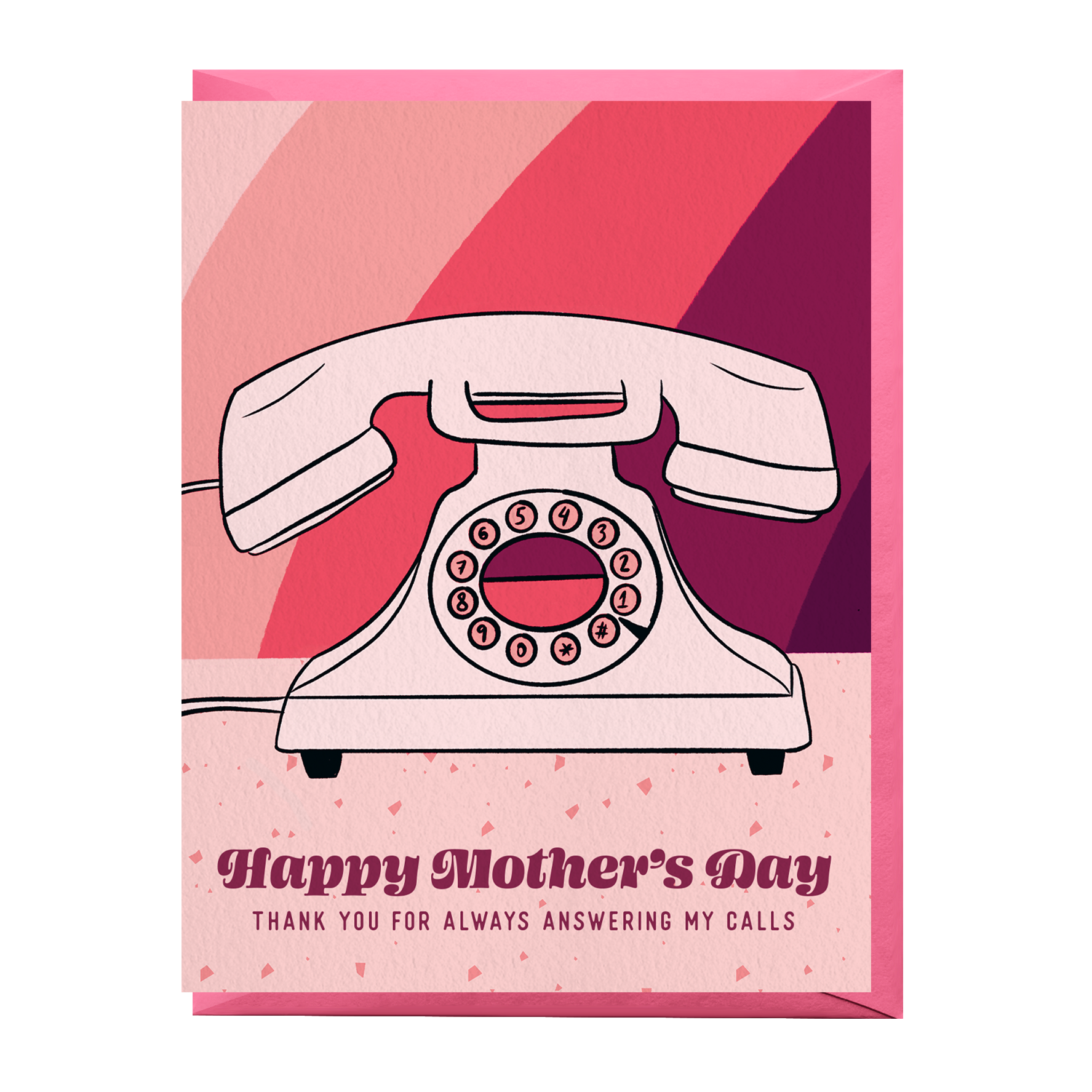 Mother's Day card with a vintage telephone illustration on a pink and purple striped background.