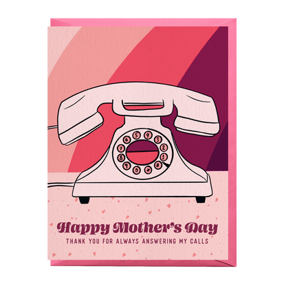 Mother's Day card with a vintage telephone illustration on a pink and purple striped background.