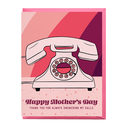 Mother's Day card with a vintage telephone illustration on a pink and purple striped background.