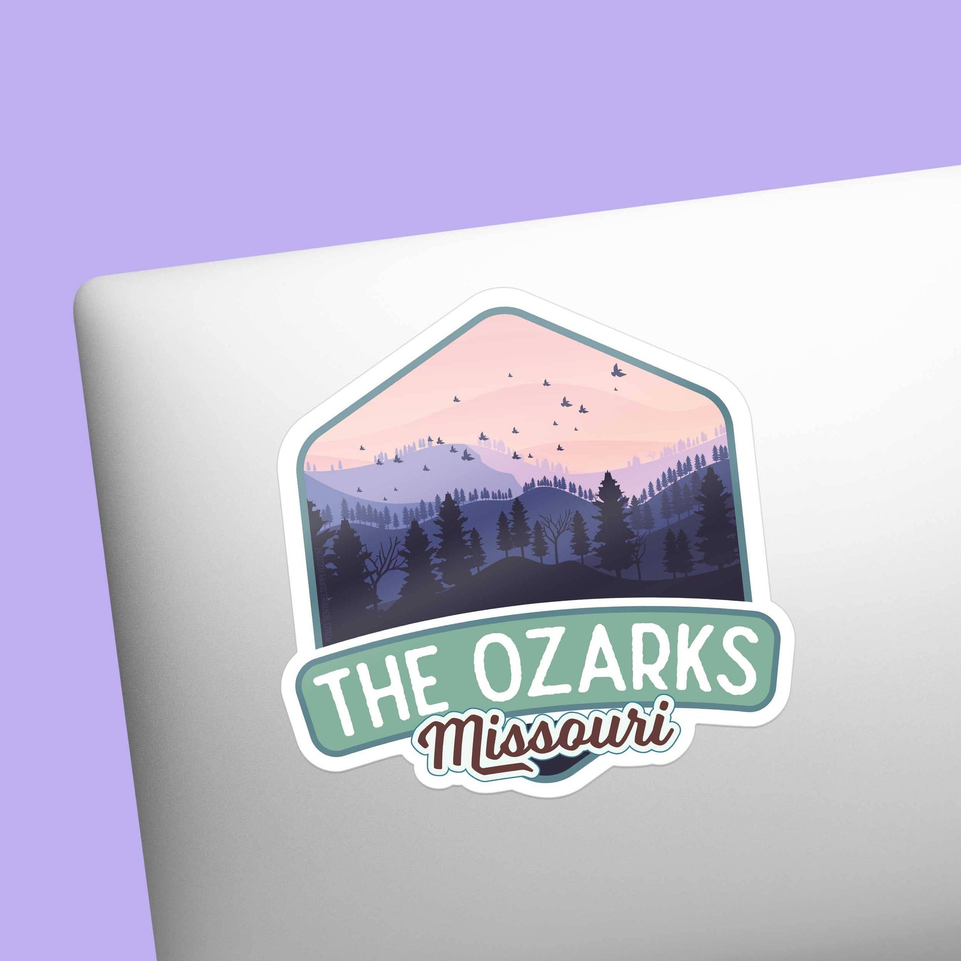 Sticker with 'The Ozarks Missouri' design on a laptop