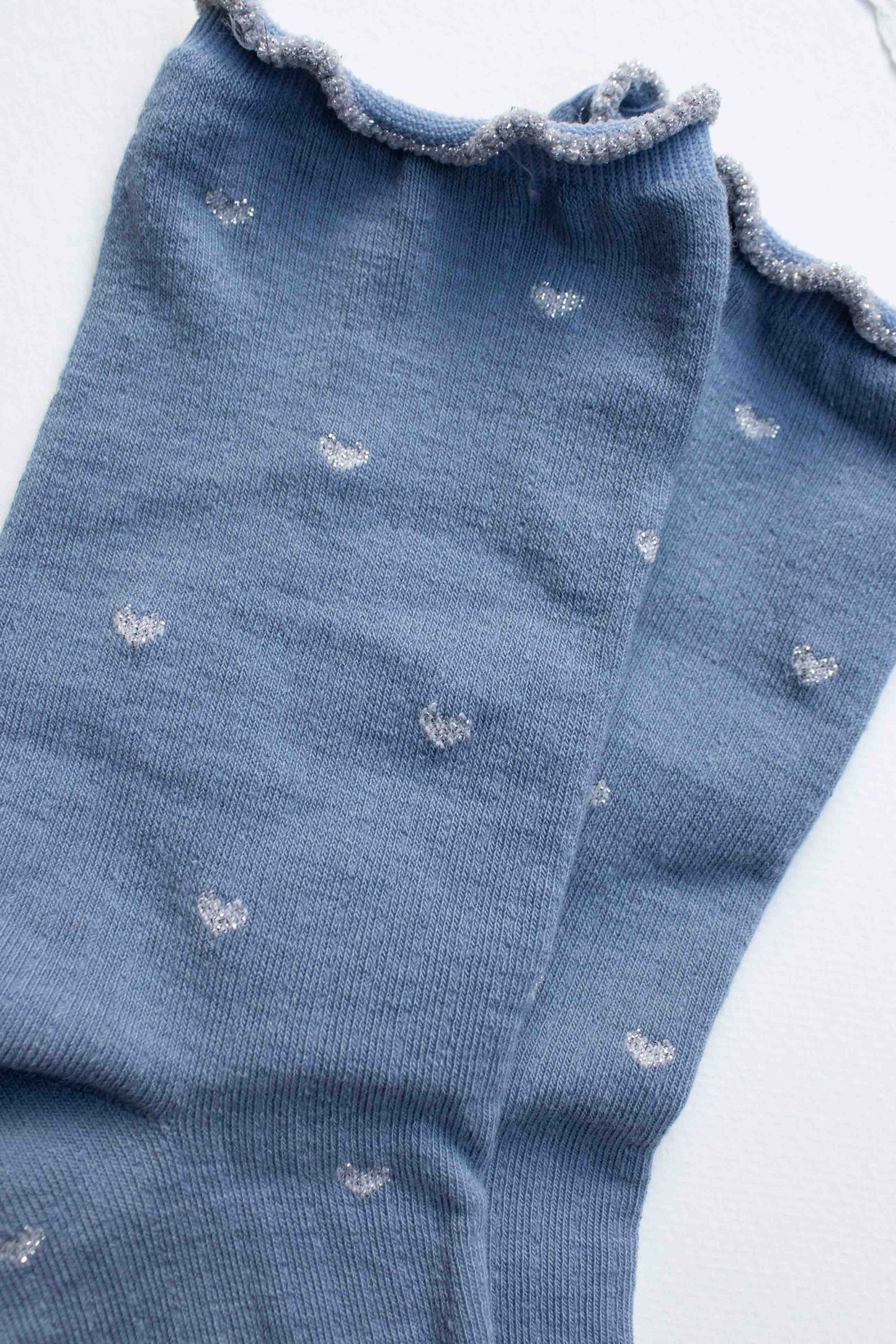 Mini Heart Ruffle Cotton Blend Socks: Blue/Silver