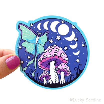 Luna Moth & Mushroom, Moon & Stars Vinyl Sticker