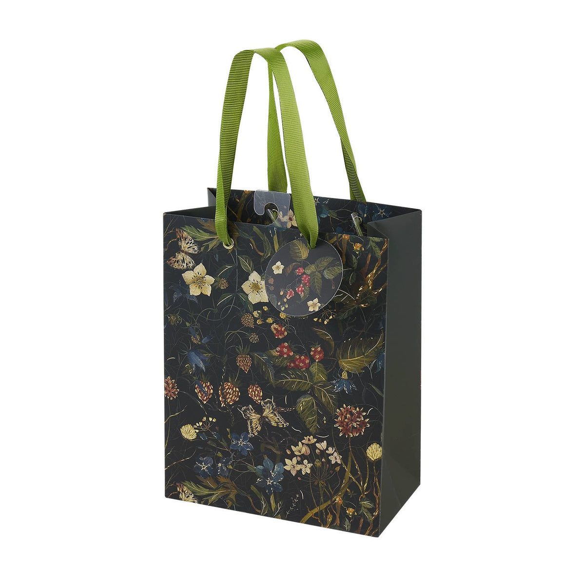 Floral-patterned gift bag with green handles on a white background