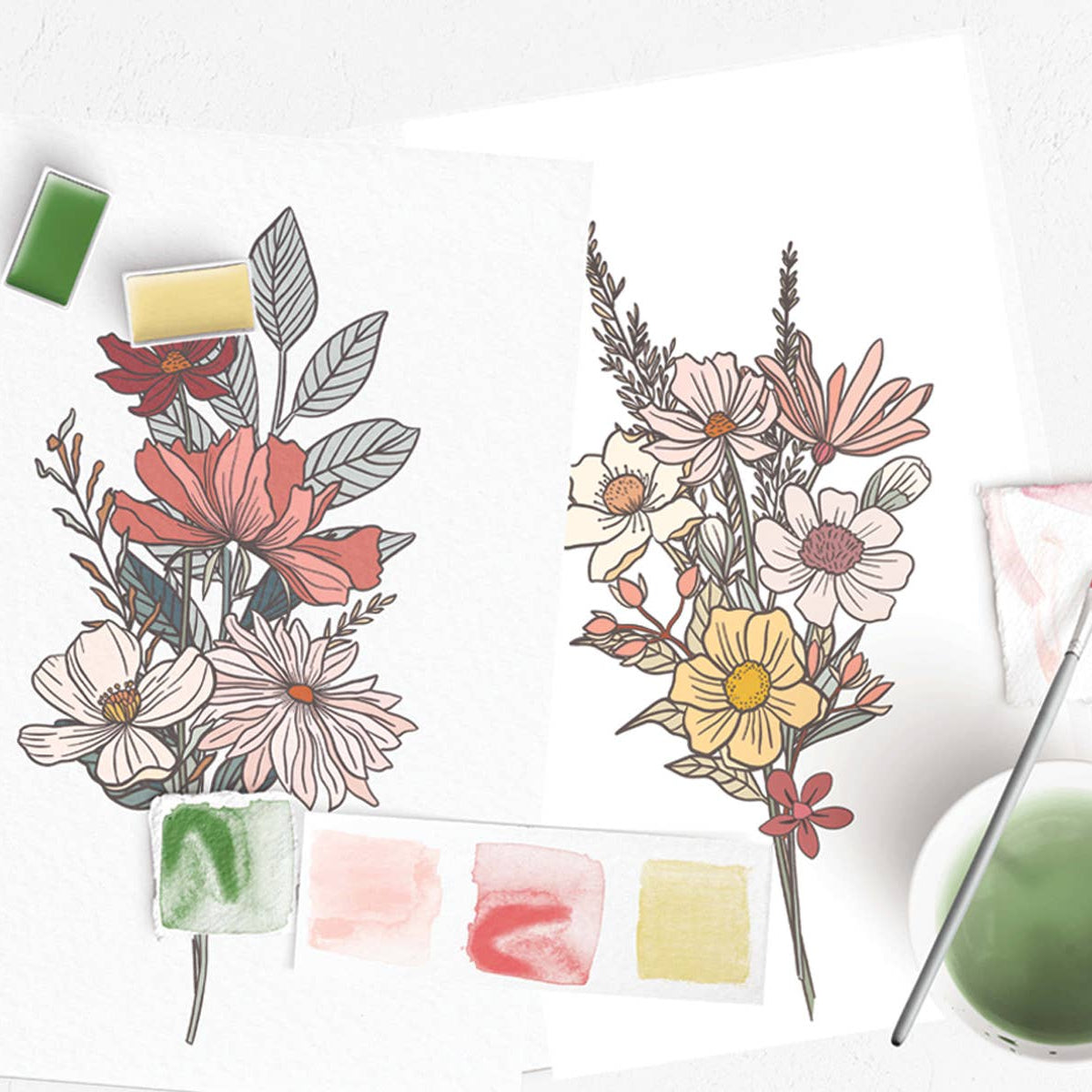 Color swatches and watercolor flowers on a white background