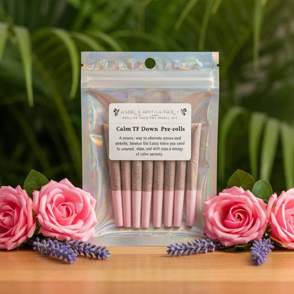 Pack of pink bamboo skewers with decorative flowers on a wooden surface and green plants in the background