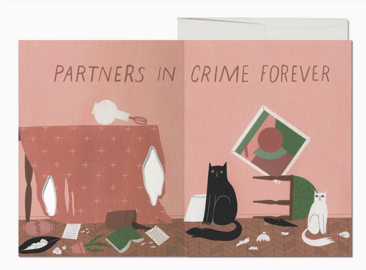 Illustrated book with two cats on a table, text 'Partners in Crime Forever' on a pink background