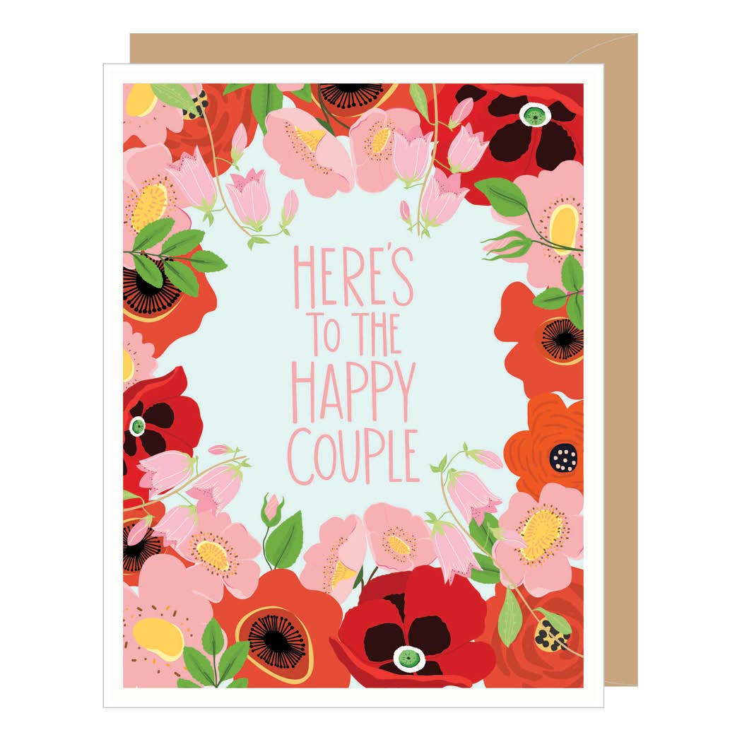 Graphic design of orange and pink flowers with the words Here's to the happy couple
