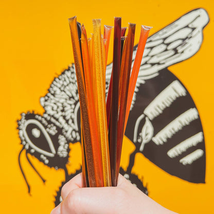 Hand holding colorful straws against a yellow background with butterfly design